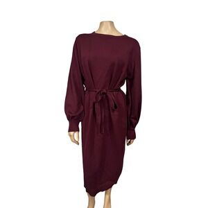 MIROL Burgundy Knit Midi Sweater Dress Long Puff Sleeve Tie Waist Mens L